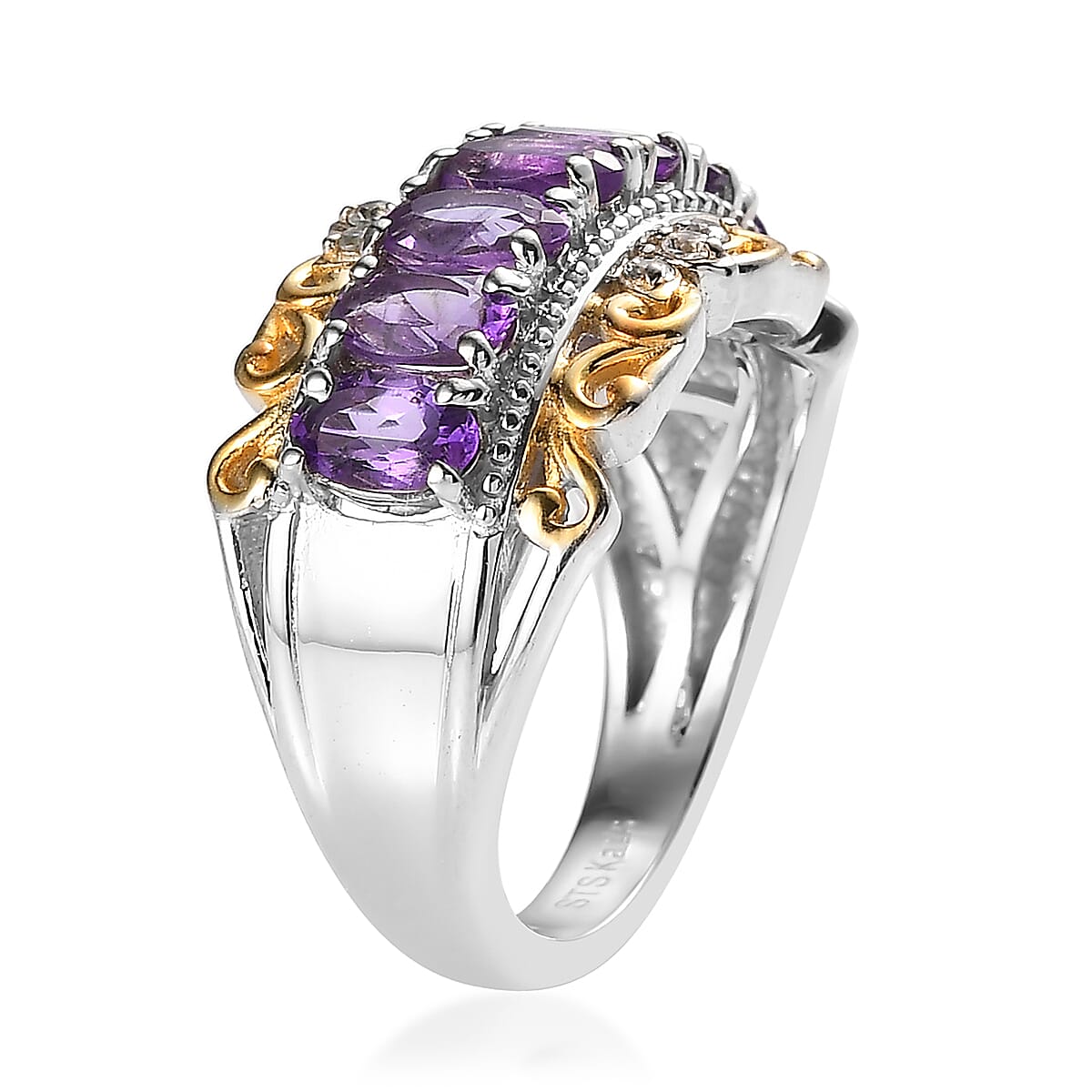 KARIS Amethyst and Natural White Zircon Ring in Platinum Bond and 18K Yellow Gold Plated 1.50 ctw image number 3