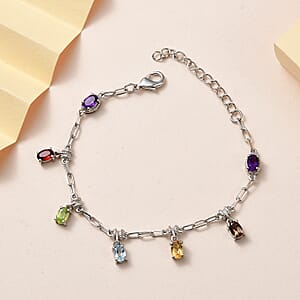Karis Multi Gemstone Paper Clip Chain Station Bracelet in Platinum Bond (6.50-8.50In) 3.10 ctw