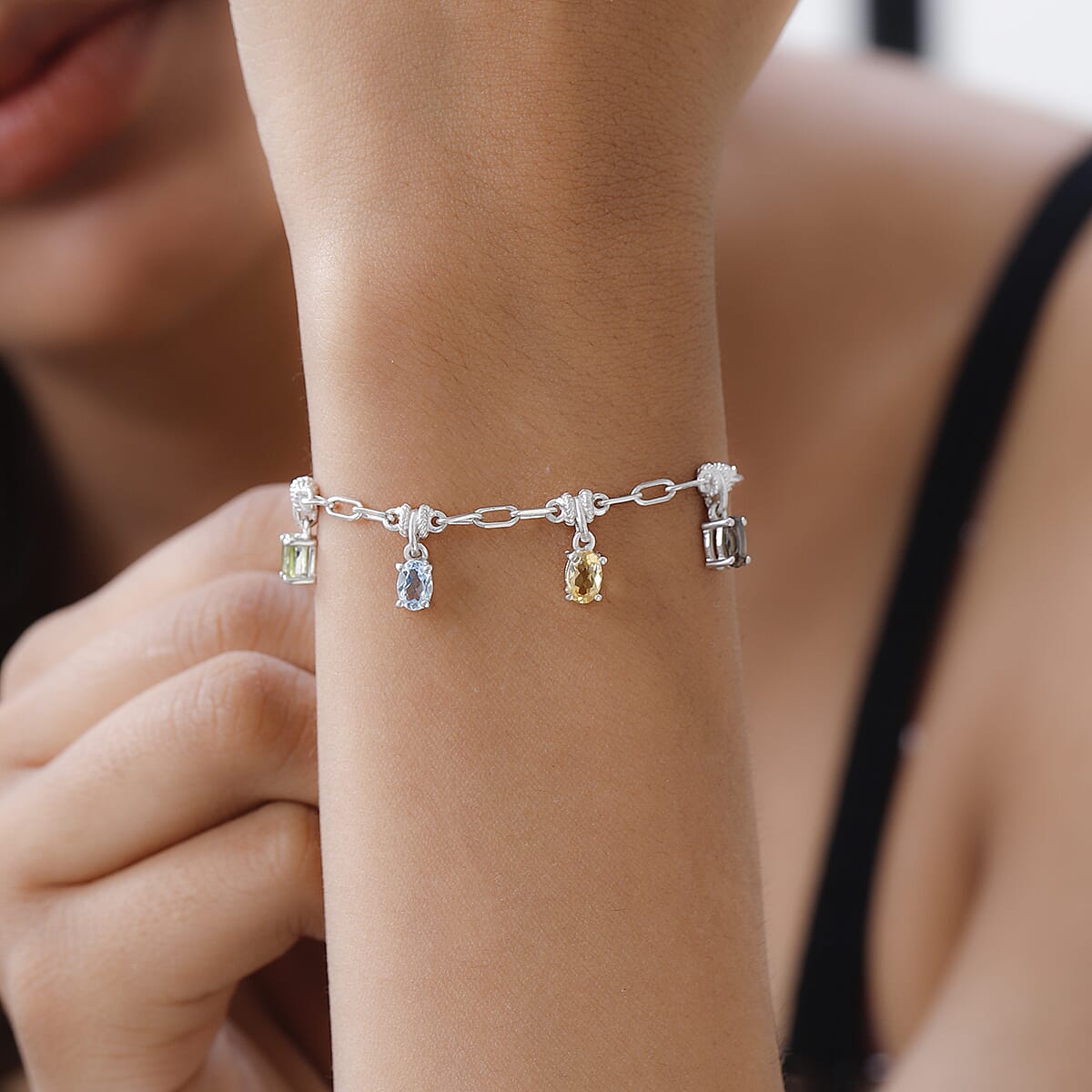 Karis Multi Gemstone Paper Clip Chain Station Bracelet in Platinum Bond (6.50-8.50In) 3.10 ctw image number 2