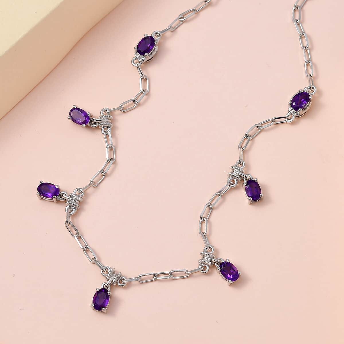 Karis Amethyst Paper Clip Chain Station Necklace 18-20 Inches in Platinum Bond 3.35 ctw image number 1