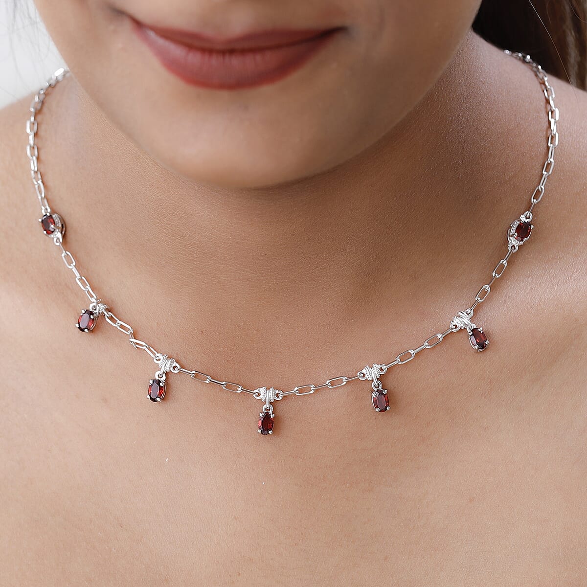 Karis Mozambique Garnet Paper Clip Chain Station Necklace 18-20 Inches in Platinum Bond 3.75 ctw image number 2