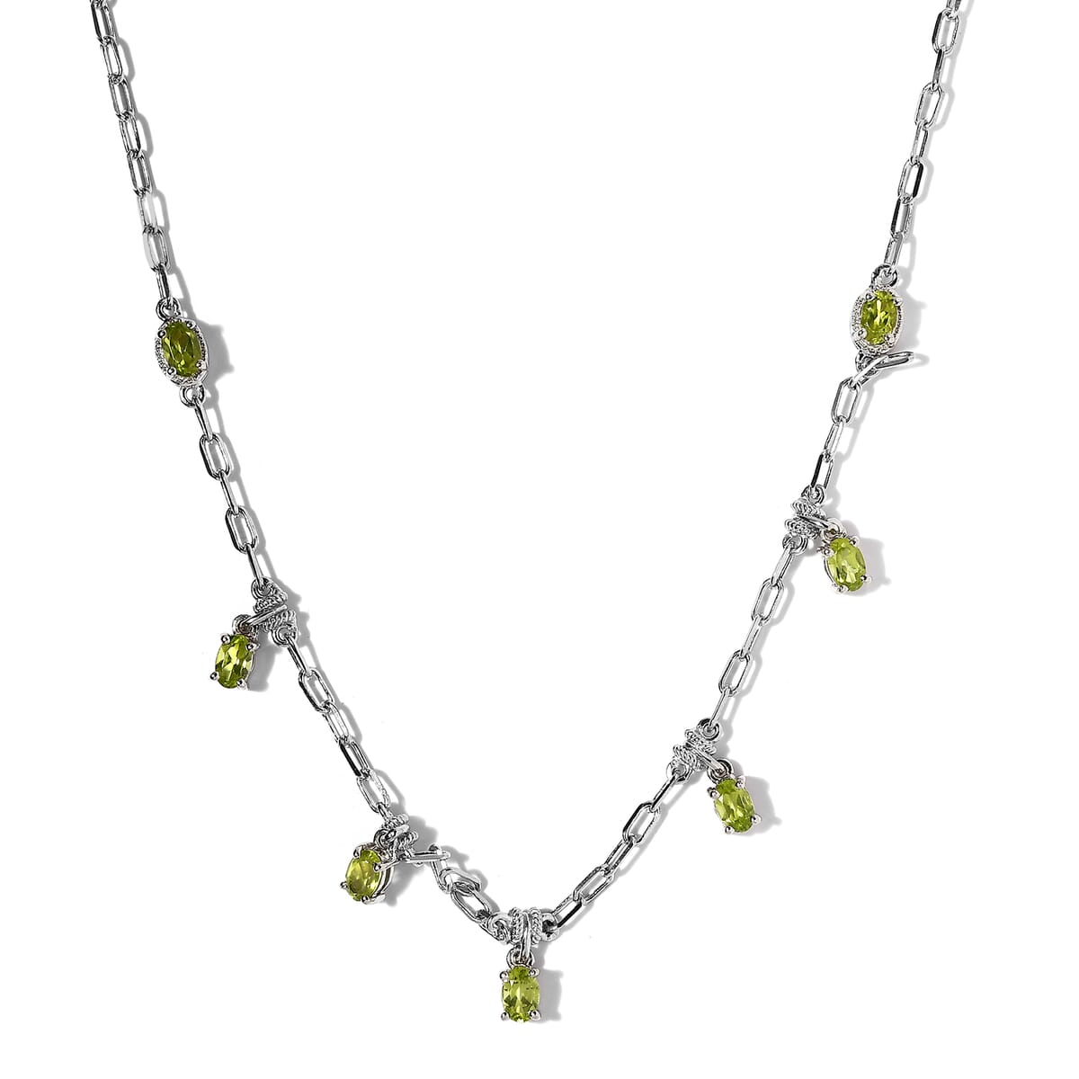 Karis Peridot Paper Clip Chain Station Necklace 18-20 Inches in Platinum Bond 3.50 ctw image number 0
