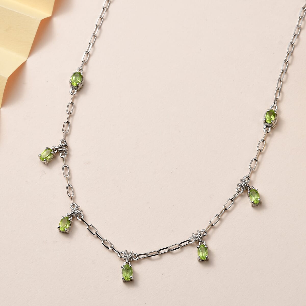 Karis Peridot Paper Clip Chain Station Necklace 18-20 Inches in Platinum Bond 3.50 ctw image number 1