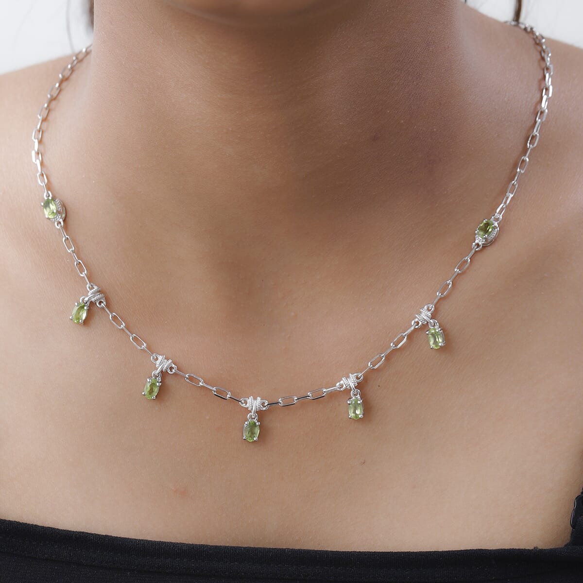Karis Peridot Paper Clip Chain Station Necklace 18-20 Inches in Platinum Bond 3.50 ctw image number 2