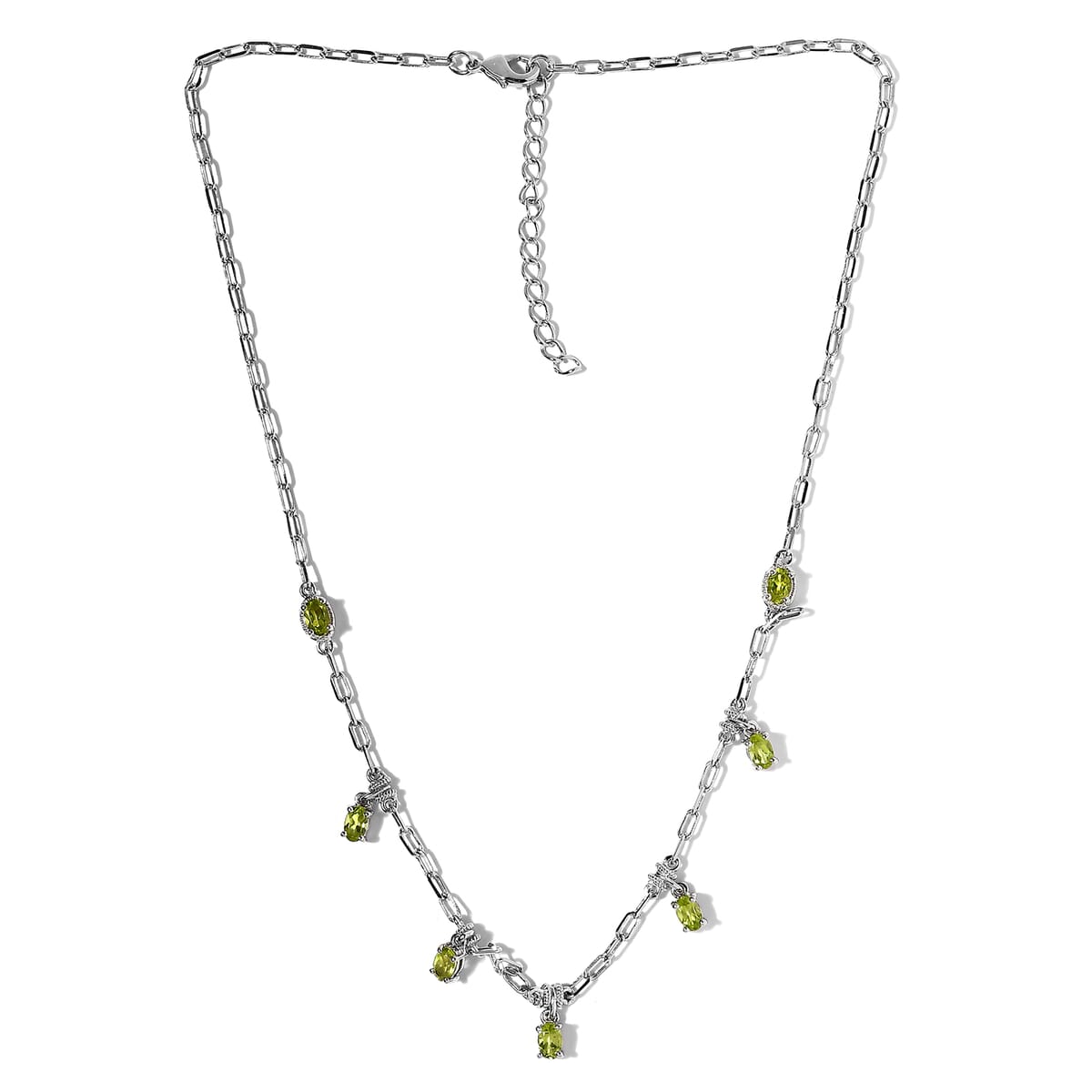Karis Peridot Paper Clip Chain Station Necklace 18-20 Inches in Platinum Bond 3.50 ctw image number 3