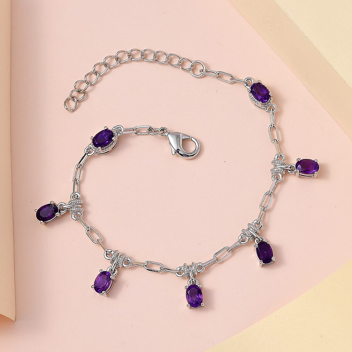 Karis Amethyst Paper Clip Chain Station Bracelet in Platinum Bond (6.50-8.00In) 3.35 ctw image number 1