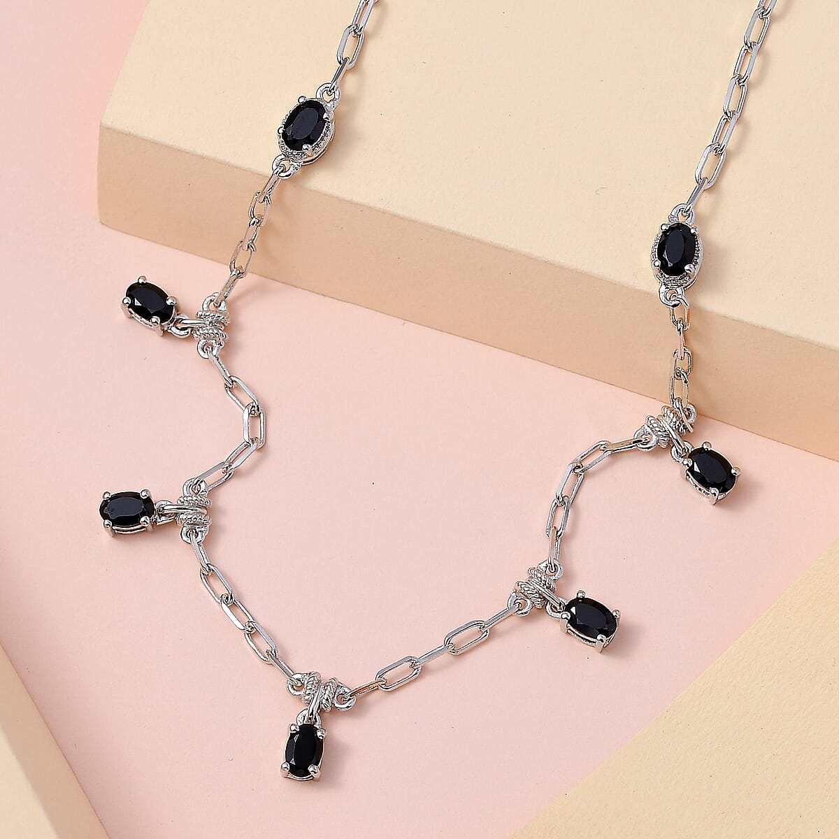 Karis Thai Black Spinel Paper Clip Chain Station Necklace 18-20 Inches in Platinum Bond 3.75 ctw image number 1