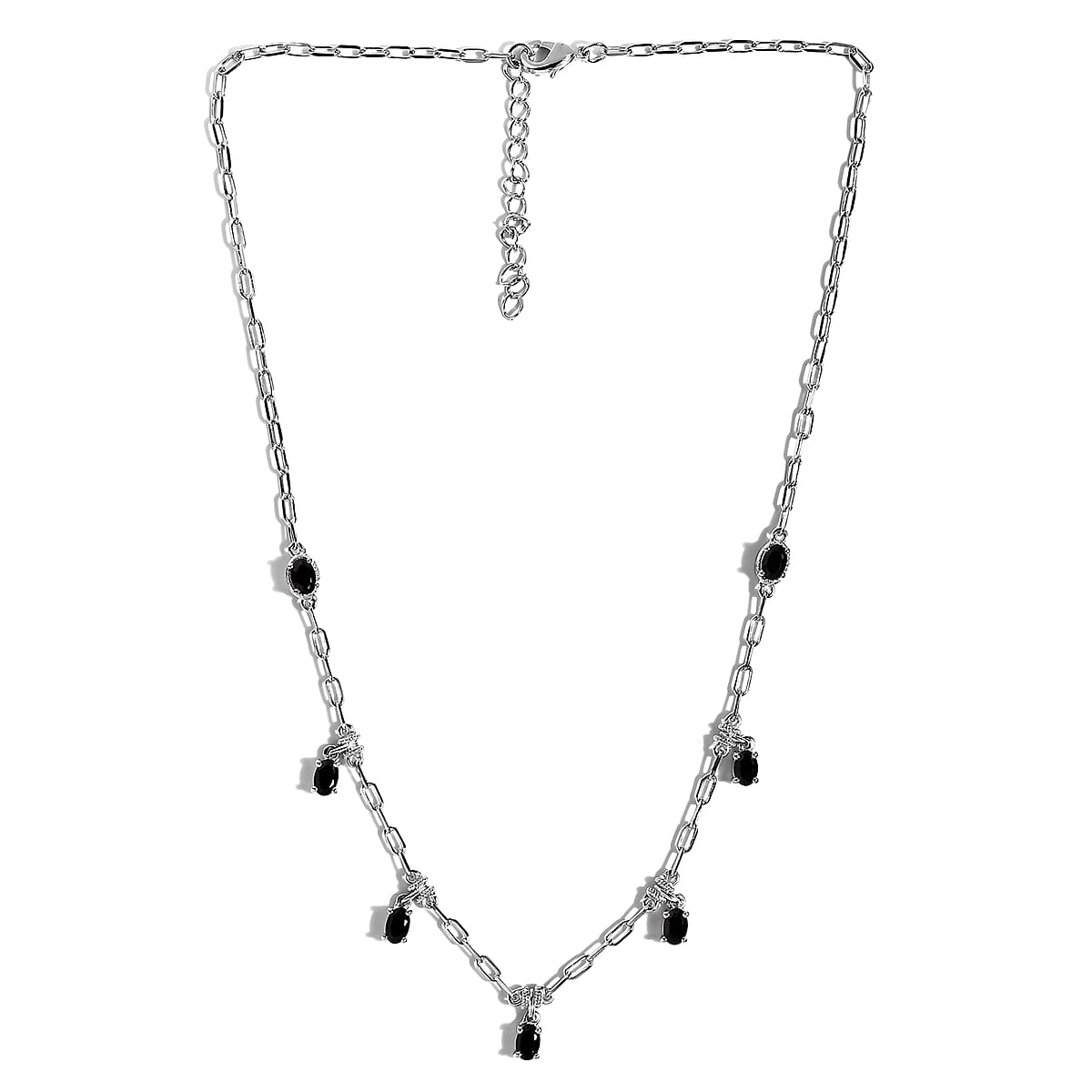 Karis Thai Black Spinel Paper Clip Chain Station Necklace 18-20 Inches in Platinum Bond 3.75 ctw image number 3
