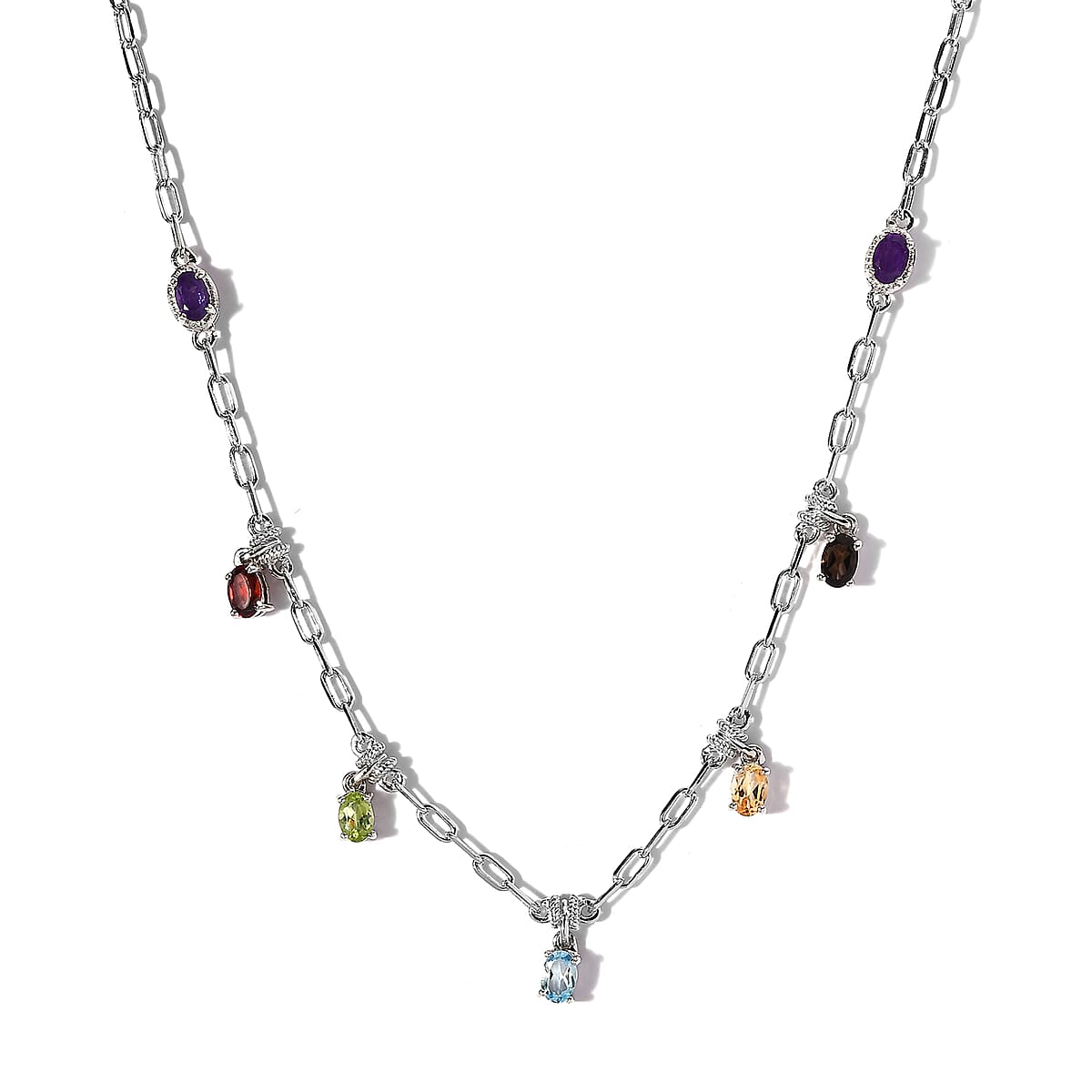 Karis Multi Gemstone Paper Clip Chain Station Necklace 18-20 Inches in Platinum Bond 3.20 ctw image number 0