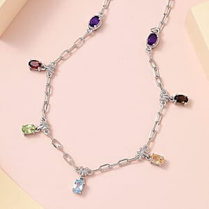 Karis Multi Gemstone Paper Clip Chain Station Necklace 18-20 Inches in Platinum Bond 3.20 ctw