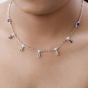 Karis Multi Gemstone Paper Clip Chain Station Necklace 18-20 Inches in Platinum Bond 3.20 ctw