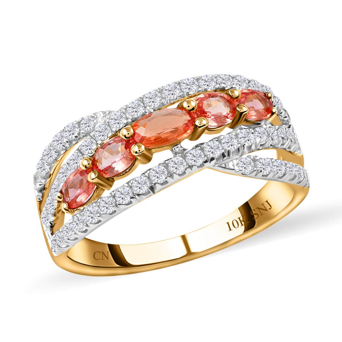 Beryllium Treated Padparadscha Sapphire Ring, 10K Yellow Gold Ring, 5 Stone Infinity Ring, White Zircon Accent Ring 3.5 Grams 2.00 ctw {Size 5.0) image number 0
