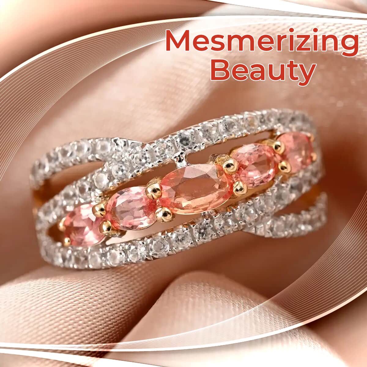 Beryllium Treated Padparadscha Sapphire Ring, 10K Yellow Gold Ring, 5 Stone Infinity Ring, White Zircon Accent Ring 3.5 Grams 2.00 ctw {Size 5.0) image number 1