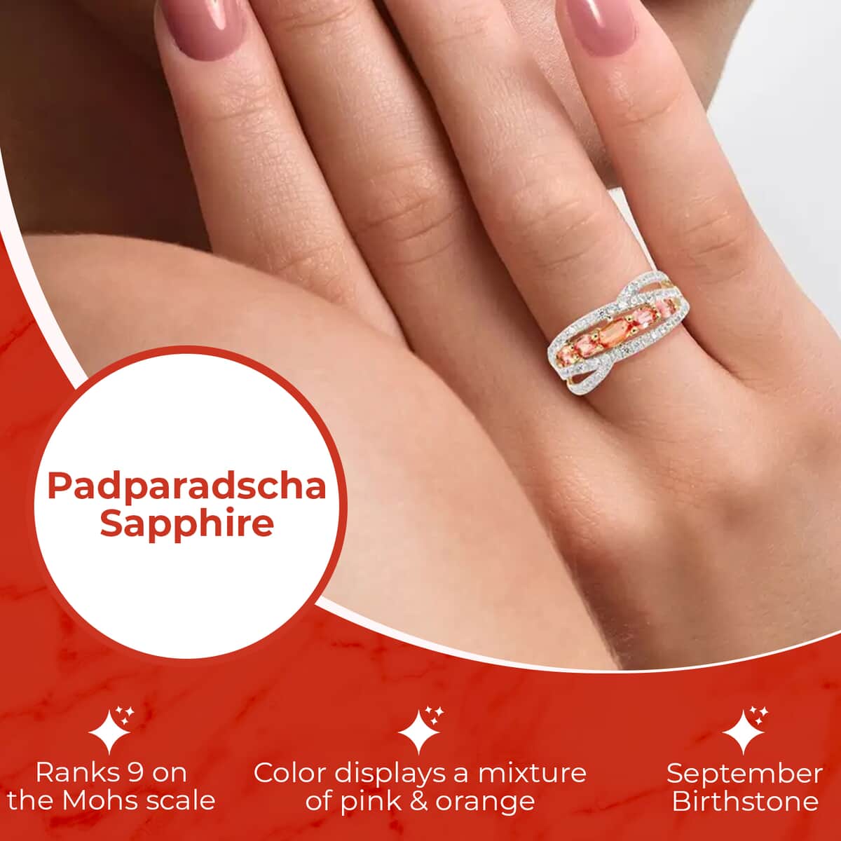Beryllium Treated Padparadscha Sapphire Ring, 10K Yellow Gold Ring, 5 Stone Infinity Ring, White Zircon Accent Ring 3.5 Grams 2.00 ctw {Size 5.0) image number 2
