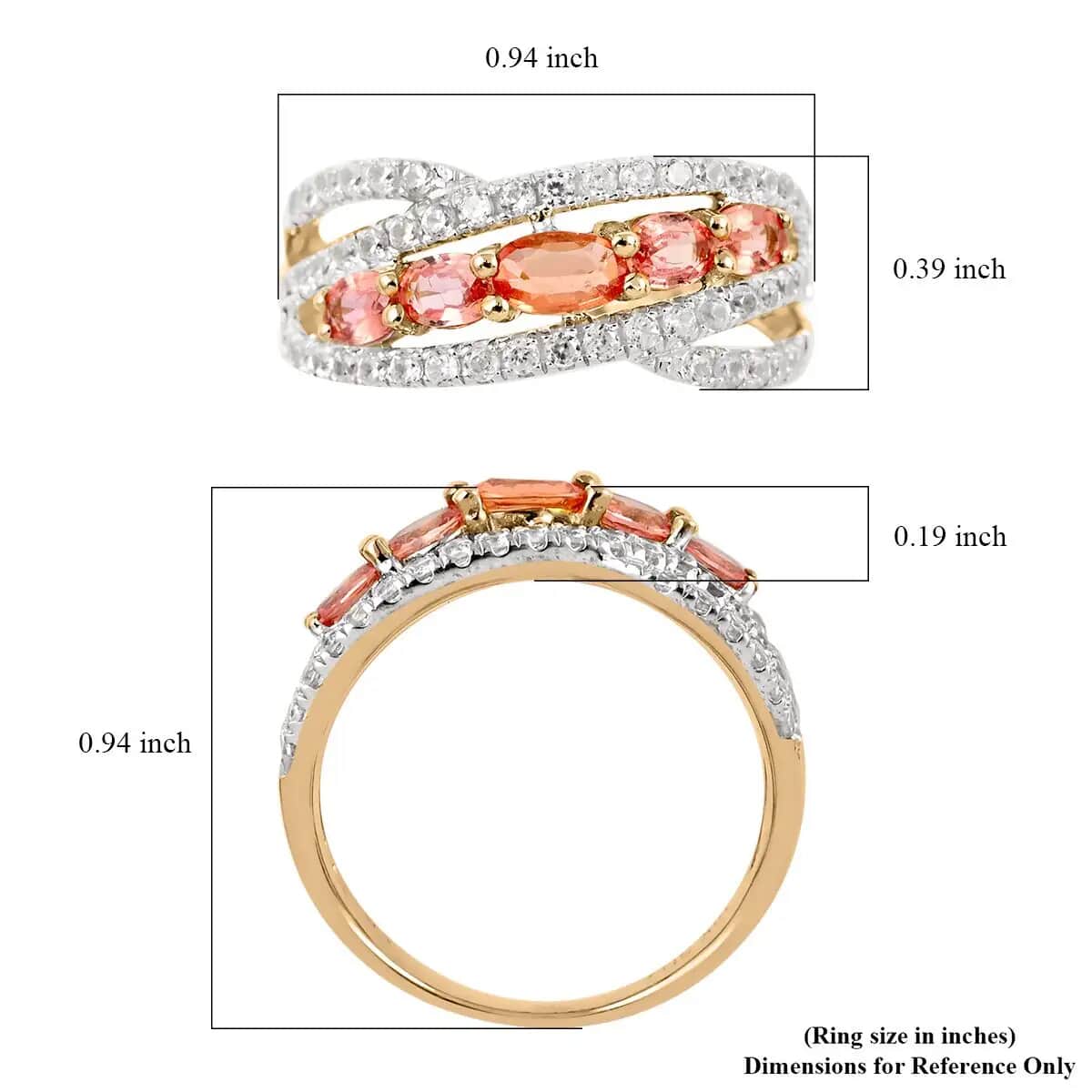 Beryllium Treated Padparadscha Sapphire Ring, 10K Yellow Gold Ring, 5 Stone Infinity Ring, White Zircon Accent Ring 3.5 Grams 2.00 ctw {Size 5.0) image number 6