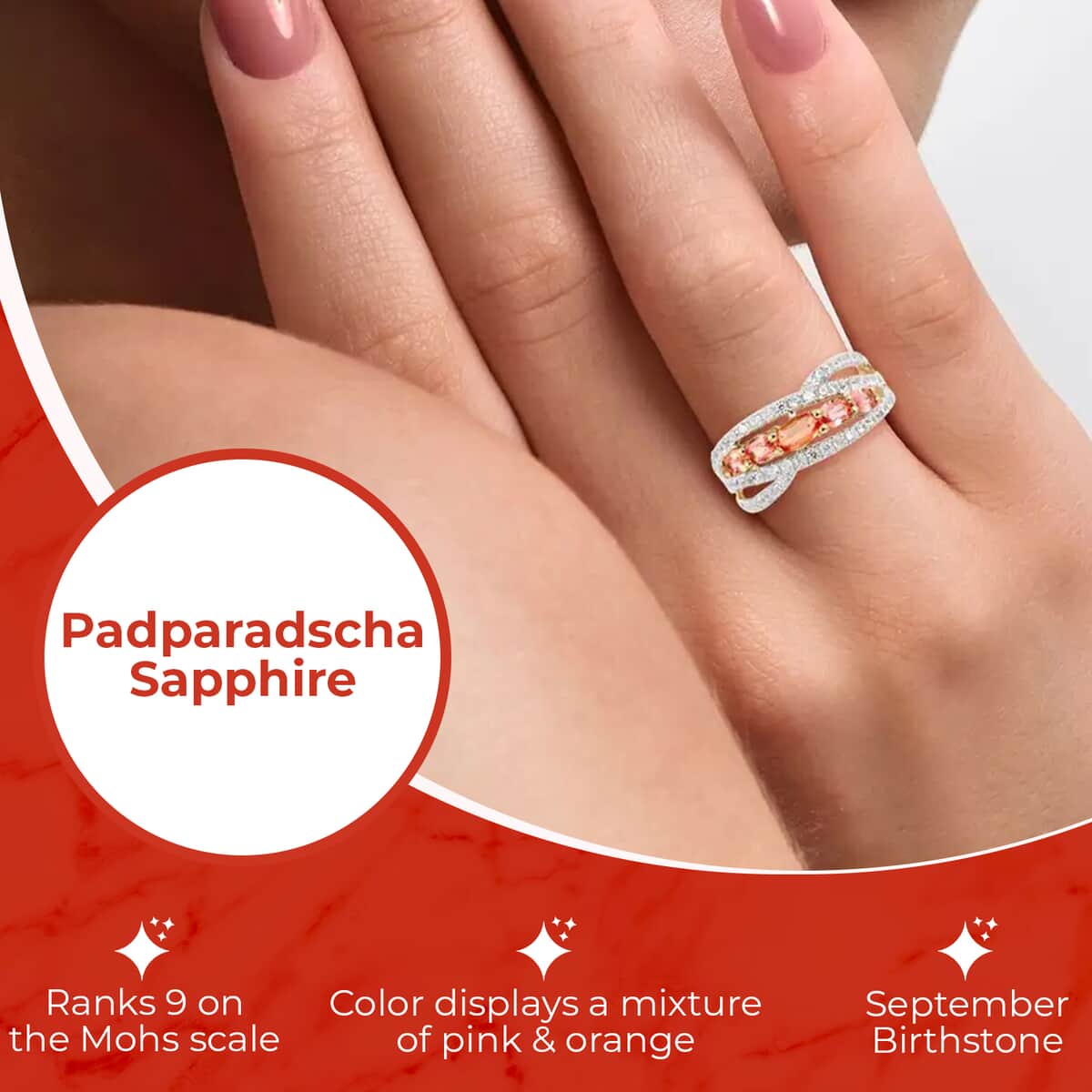 Beryllium Treated Padparadscha Sapphire Ring, 10K Yellow Gold Ring, 5 Stone Infinity Ring, White Zircon Accent Ring 3.5 Grams 2.00 ctw image number 2