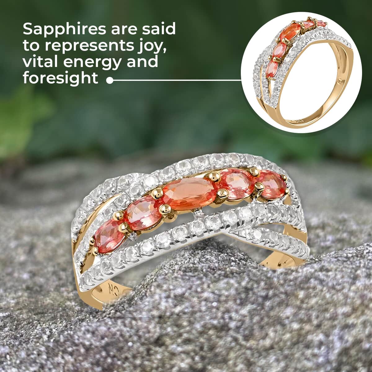 Beryllium Treated Padparadscha Sapphire Ring, 10K Yellow Gold Ring, 5 Stone Infinity Ring, White Zircon Accent Ring 3.5 Grams 2.00 ctw image number 3