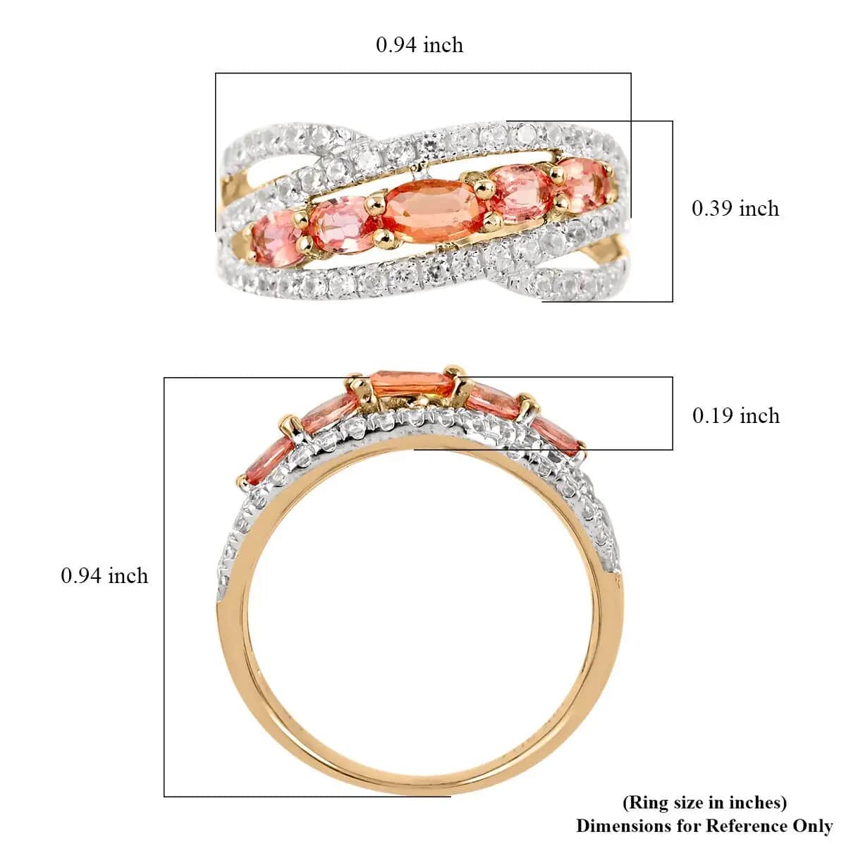 Beryllium Treated Padparadscha Sapphire Ring, 10K Yellow Gold Ring, 5 Stone Infinity Ring, White Zircon Accent Ring 3.5 Grams 2.00 ctw image number 6