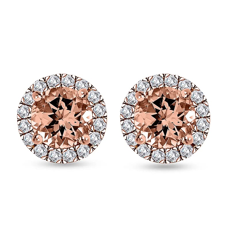 Ankur Treasure Chest Modani 14K Rose Gold Premium Marropino Morganite and Diamond Stud Earrings, Halo Studs, Morganite Earrings, Rose Gold Earrings, Diamond Halo Earrings 1.90 ctw