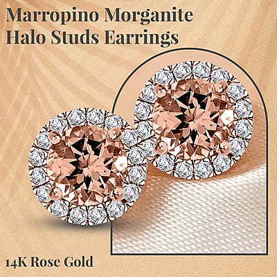 Ankur Treasure Chest Modani 14K Rose Gold Premium Marropino Morganite and Diamond Stud Earrings, Halo Studs, Morganite Earrings, Rose Gold Earrings, Diamond Halo Earrings 1.90 ctw