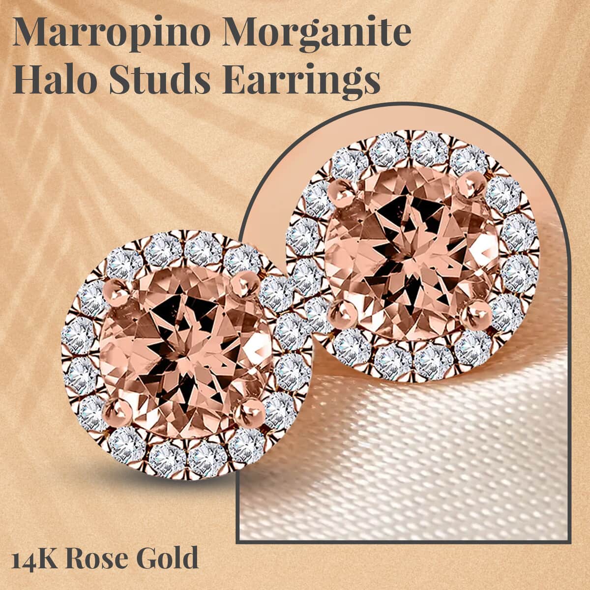 Ankur Treasure Chest Modani 14K Rose Gold Premium Marropino Morganite and Diamond Stud Earrings, Halo Studs, Morganite Earrings, Rose Gold Earrings, Diamond Halo Earrings 1.90 ctw image number 1