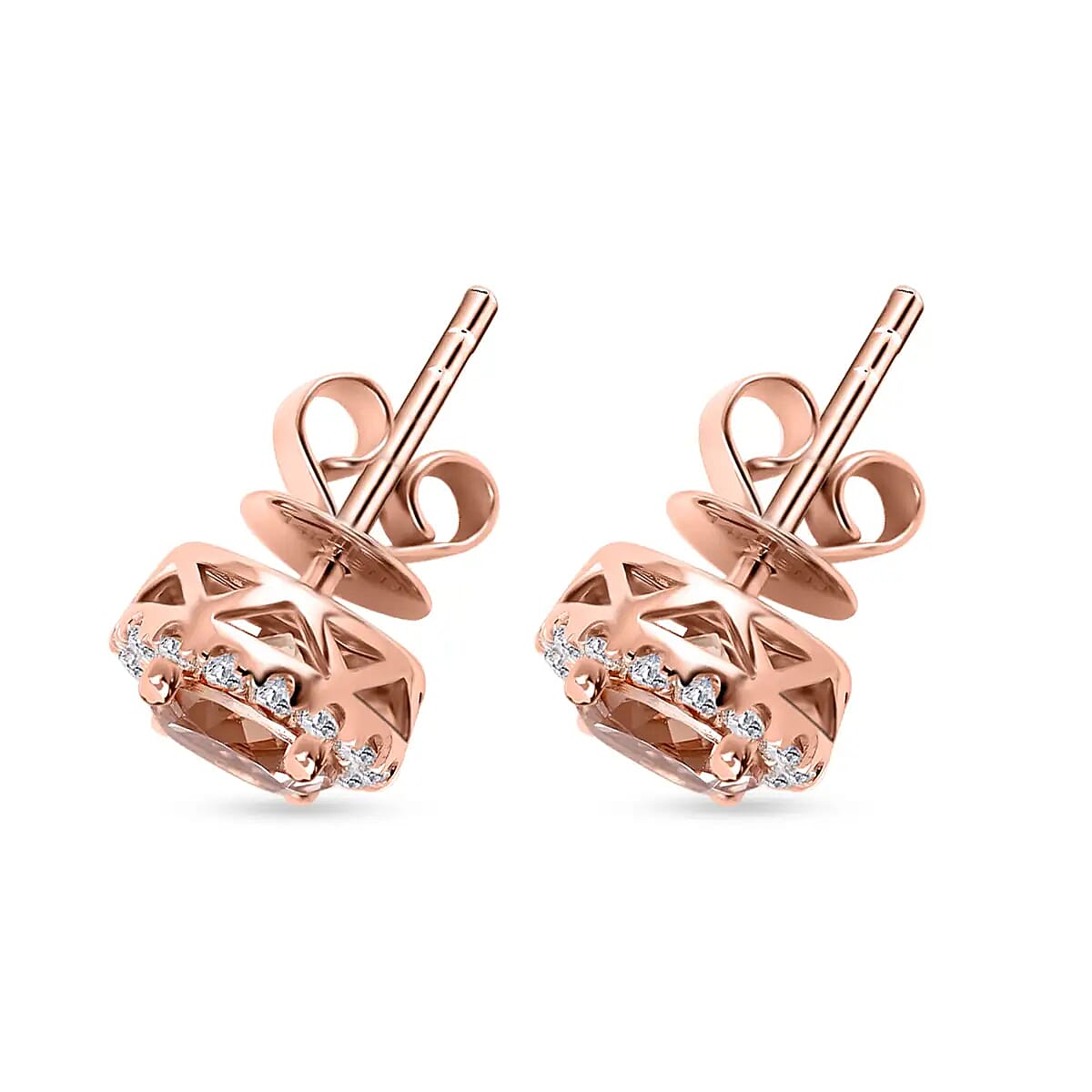 Ankur Treasure Chest Modani 14K Rose Gold Premium Marropino Morganite and Diamond Stud Earrings, Halo Studs, Morganite Earrings, Rose Gold Earrings, Diamond Halo Earrings 1.90 ctw