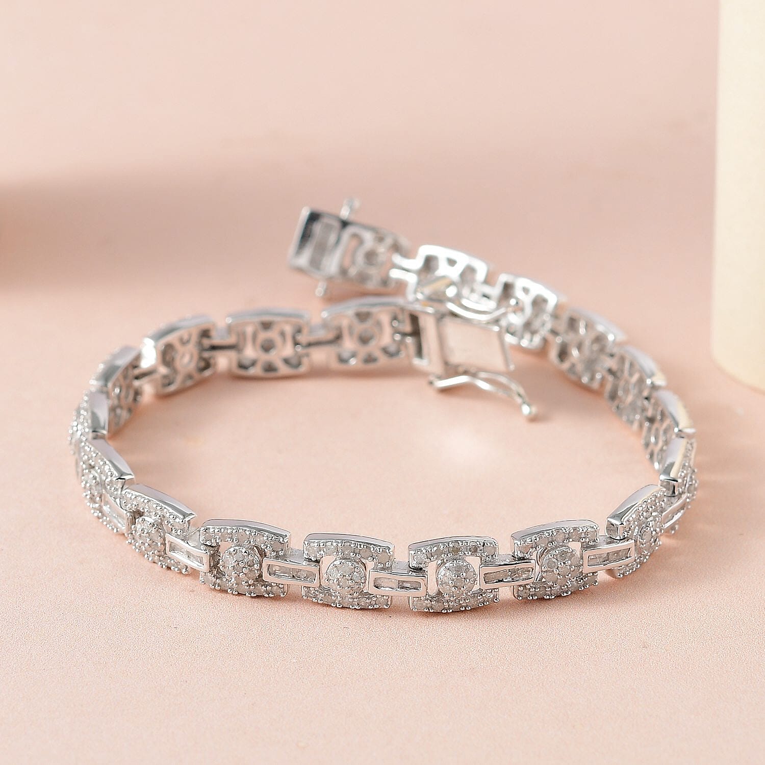 Diamond Deco Bracelet in Platinum Over Sterling Silver, Diamond Jewelry, Birthday Gift For Her (7.25 In) 2.90 ctw