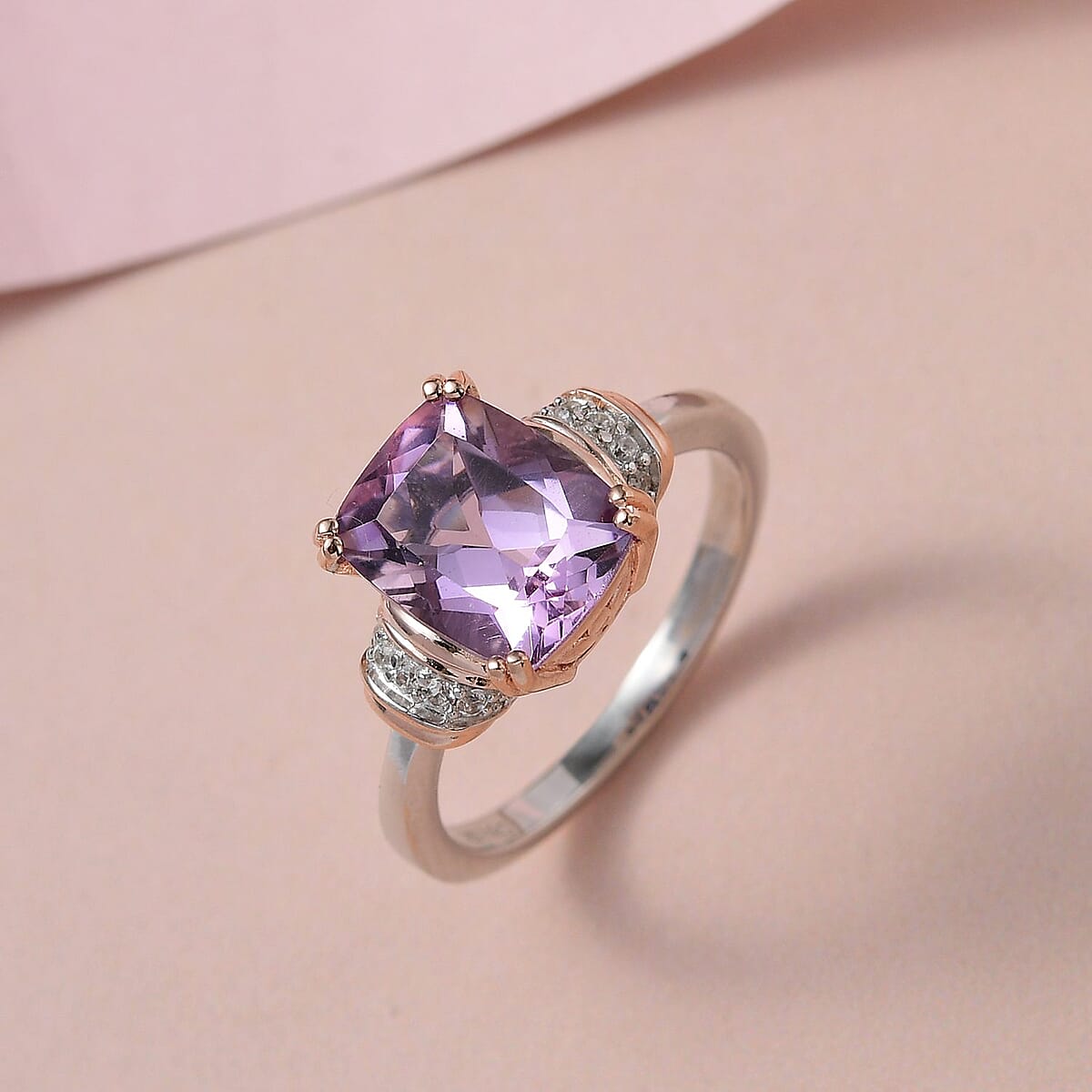 Rose De France Amethyst, Natural White Zircon Ring in Vermeil RG and Platinum Over Sterling Silver (Size 10.0) 2.90 ctw image number 1