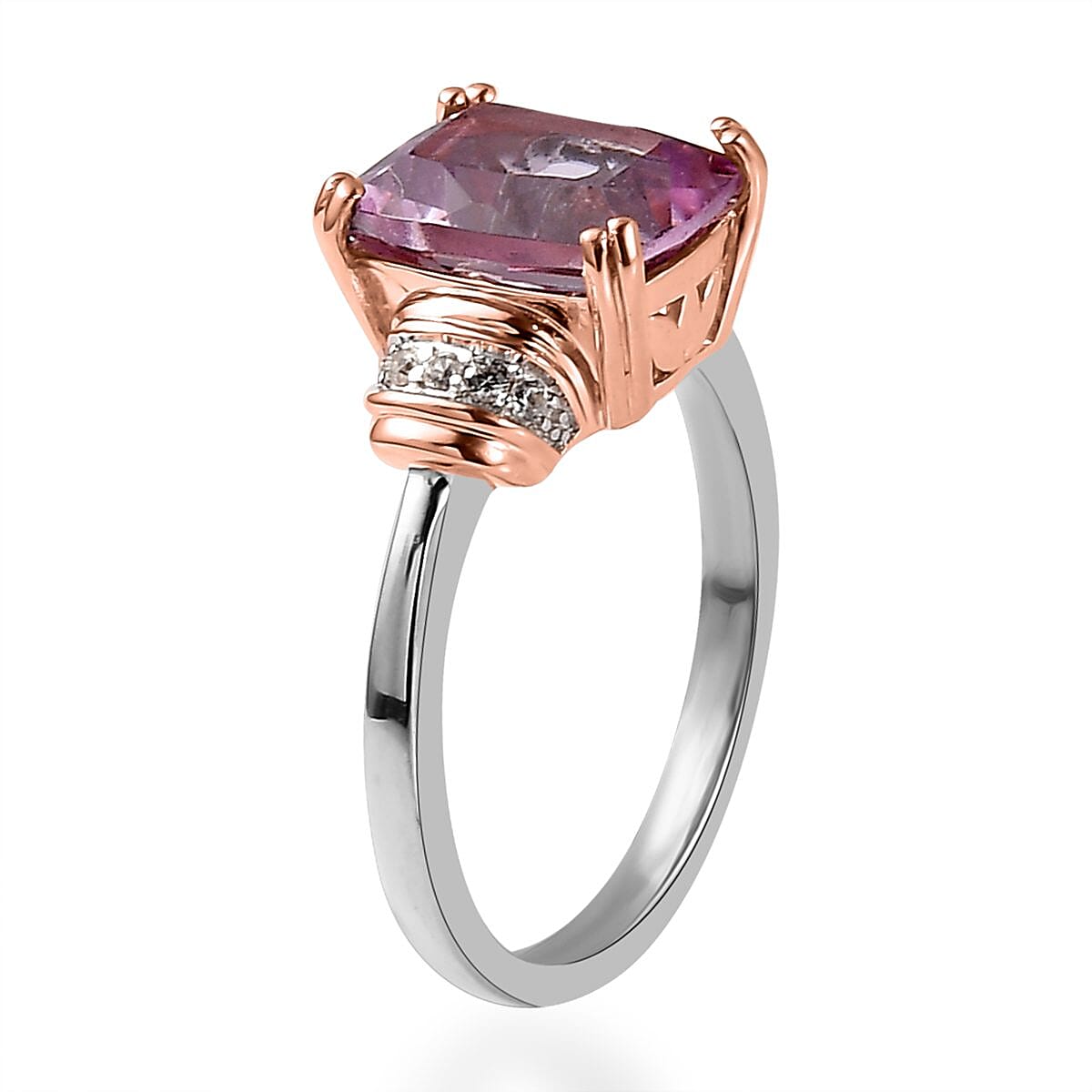 Rose De France Amethyst and White Zircon Ring in Vermeil Rose Gold and Platinum Over Sterling Silver (Size 10.0) 2.90 ctw