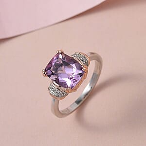 Rose De France Amethyst and White Zircon Ring in Vermeil Rose Gold and Platinum Over Sterling Silver (Size 8.0) 2.90 ctw