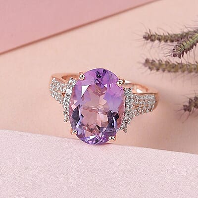 Rose De France Amethyst and White Zircon Split Shank Ring in Vermeil Rose Gold Over Sterling Silver (Size 10.0) 6.25 ctw