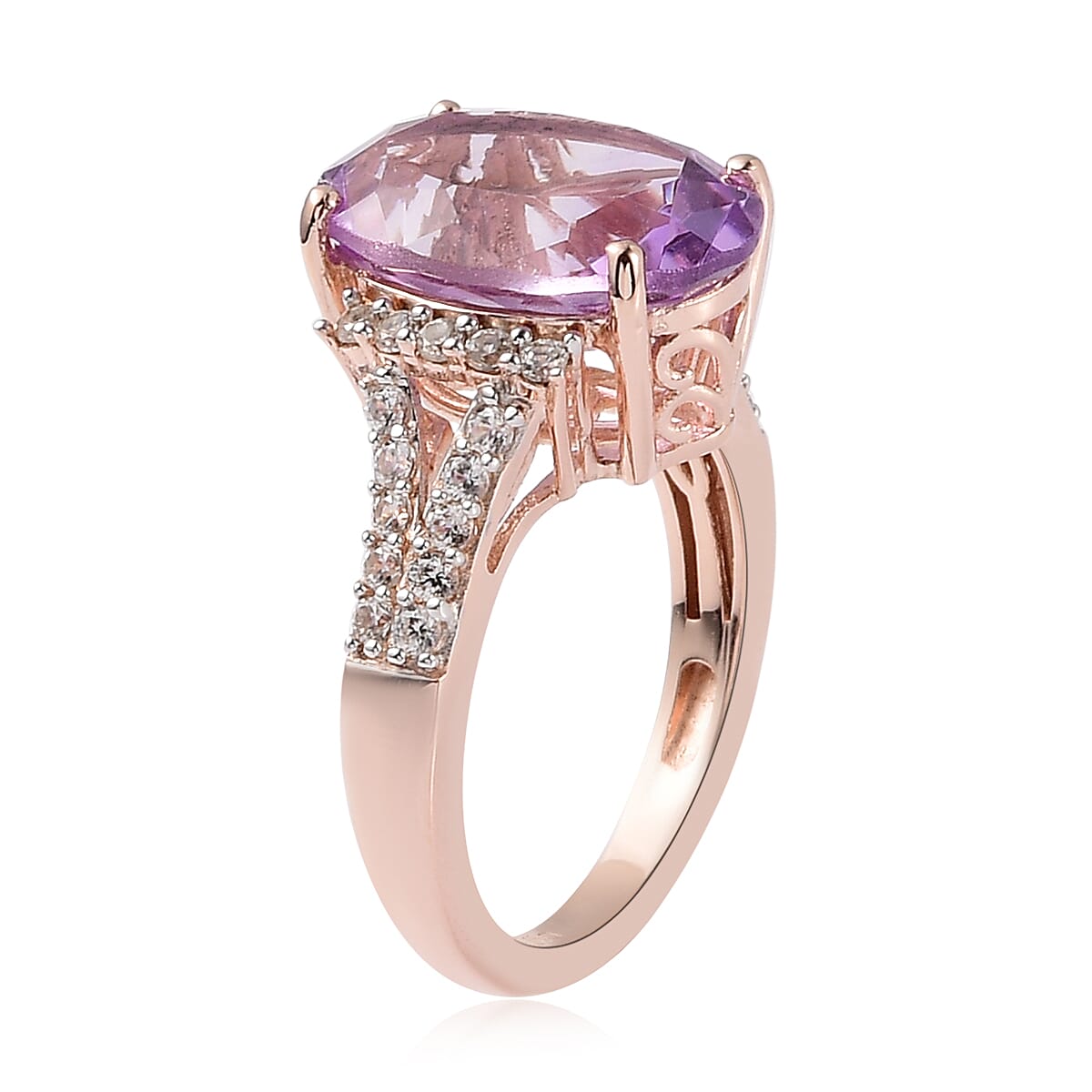 Rose De France Amethyst, Natural White Zircon Split Shank Ring in Vermeil RG Over Sterling Silver (Size 10.0) 6.25 ctw image number 3