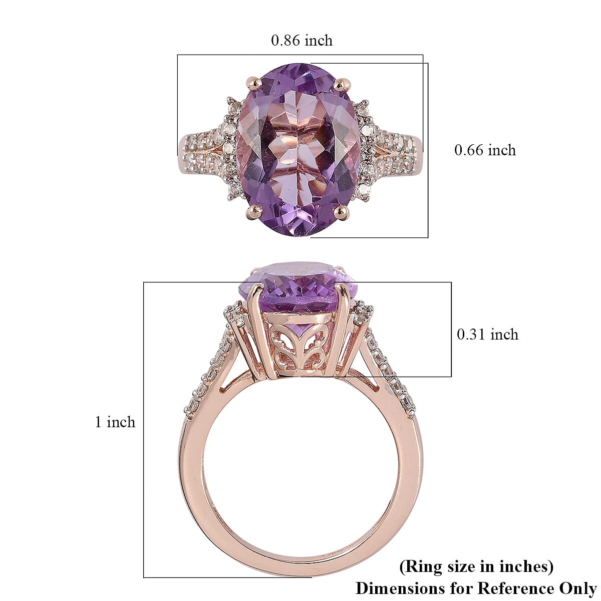 Rose De France Amethyst, Natural White Zircon Split Shank Ring in Vermeil RG Over Sterling Silver (Size 10.0) 6.25 ctw image number 5