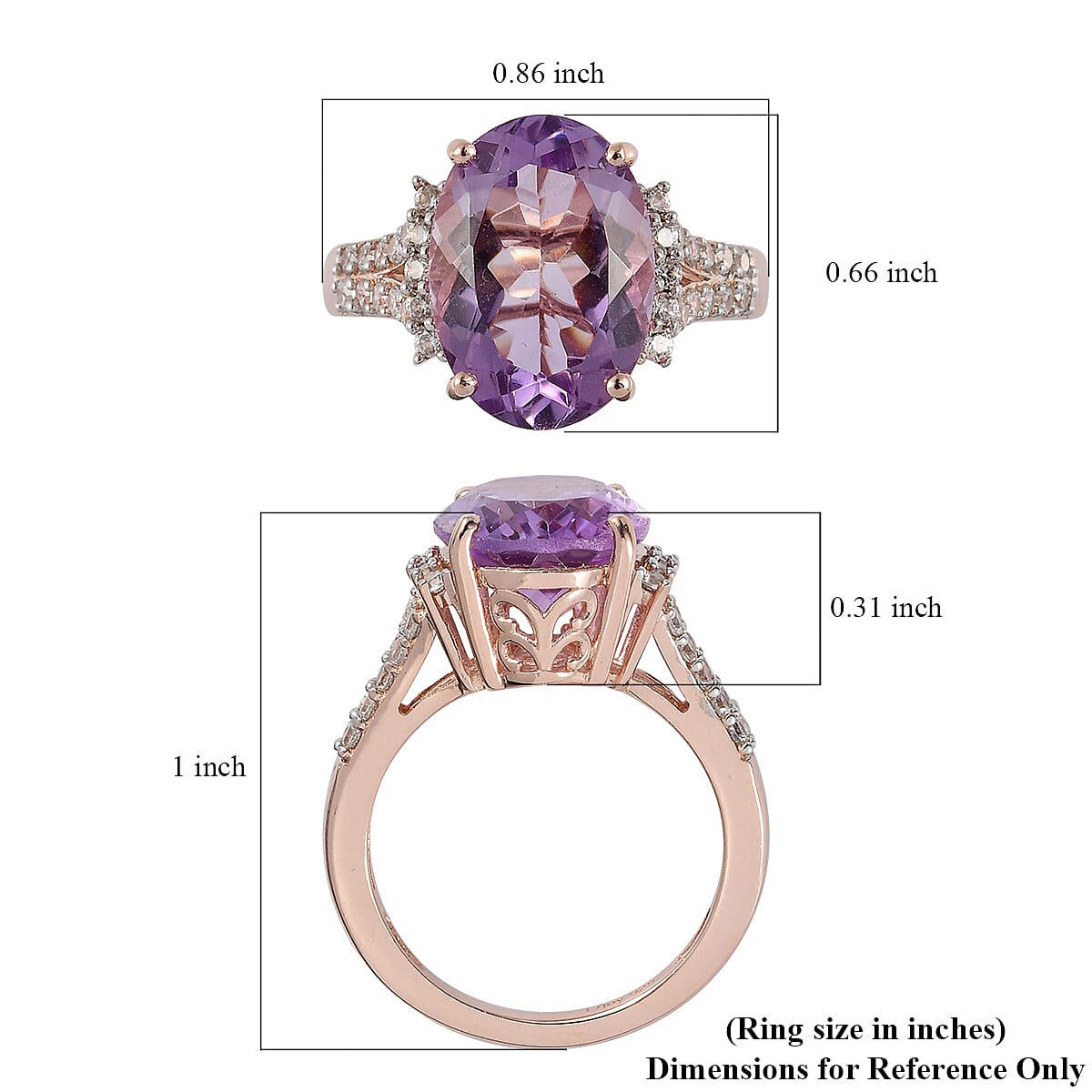 Rose De France Amethyst and White Zircon Split Shank Ring in Vermeil Rose Gold Over Sterling Silver (Size 9.0) 6.25 ctw image number 5