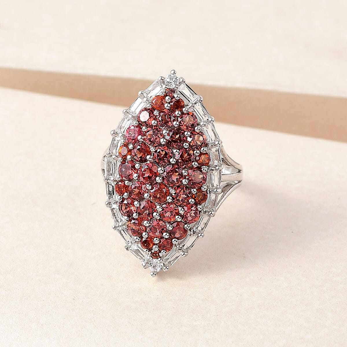 Mozambique Garnet, White Topaz Ring in Platinum Over Sterling Silver (Size 10.0) (Delivery in 7-10 Business Days) 4.15 ctw image number 1