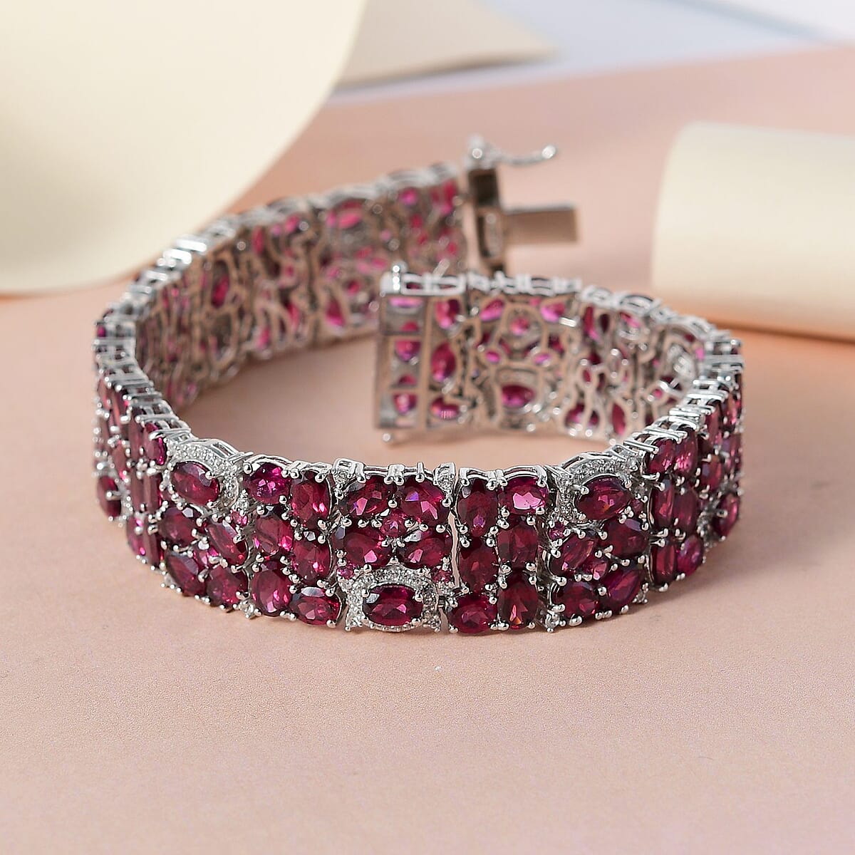 Orissa Rhodolite Garnet and Natural White Zircon Bracelet in Platinum Over Sterling Silver (6.50 In) 26.10 Grams 53.25 ctw image number 1