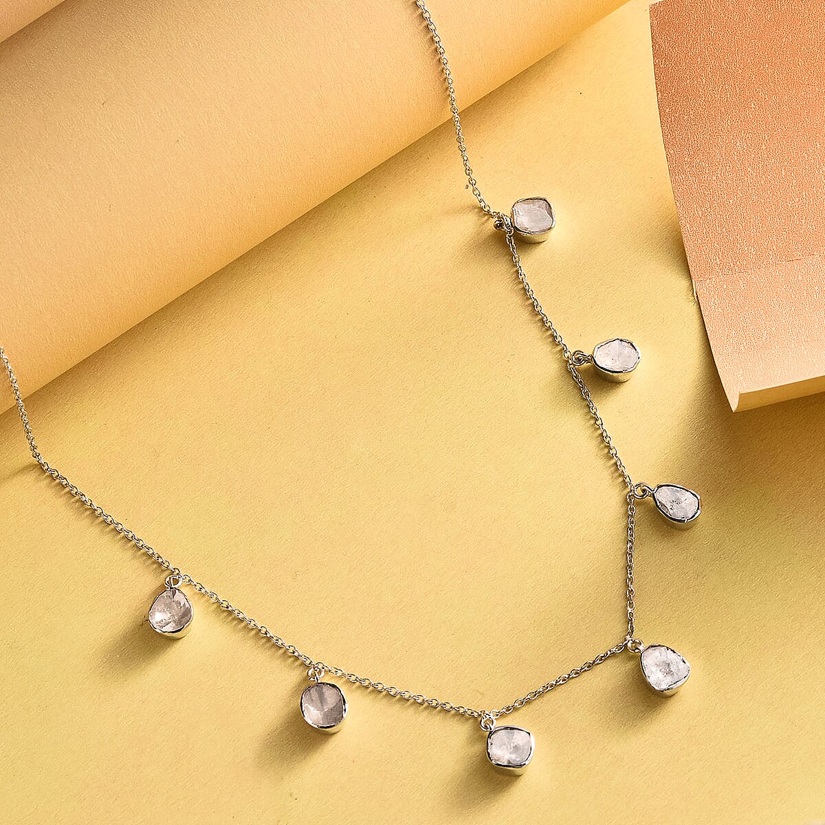Polki Diamond Station Necklace 18 Inches in Platinum Over Sterling Silver 1.50 ctw image number 1