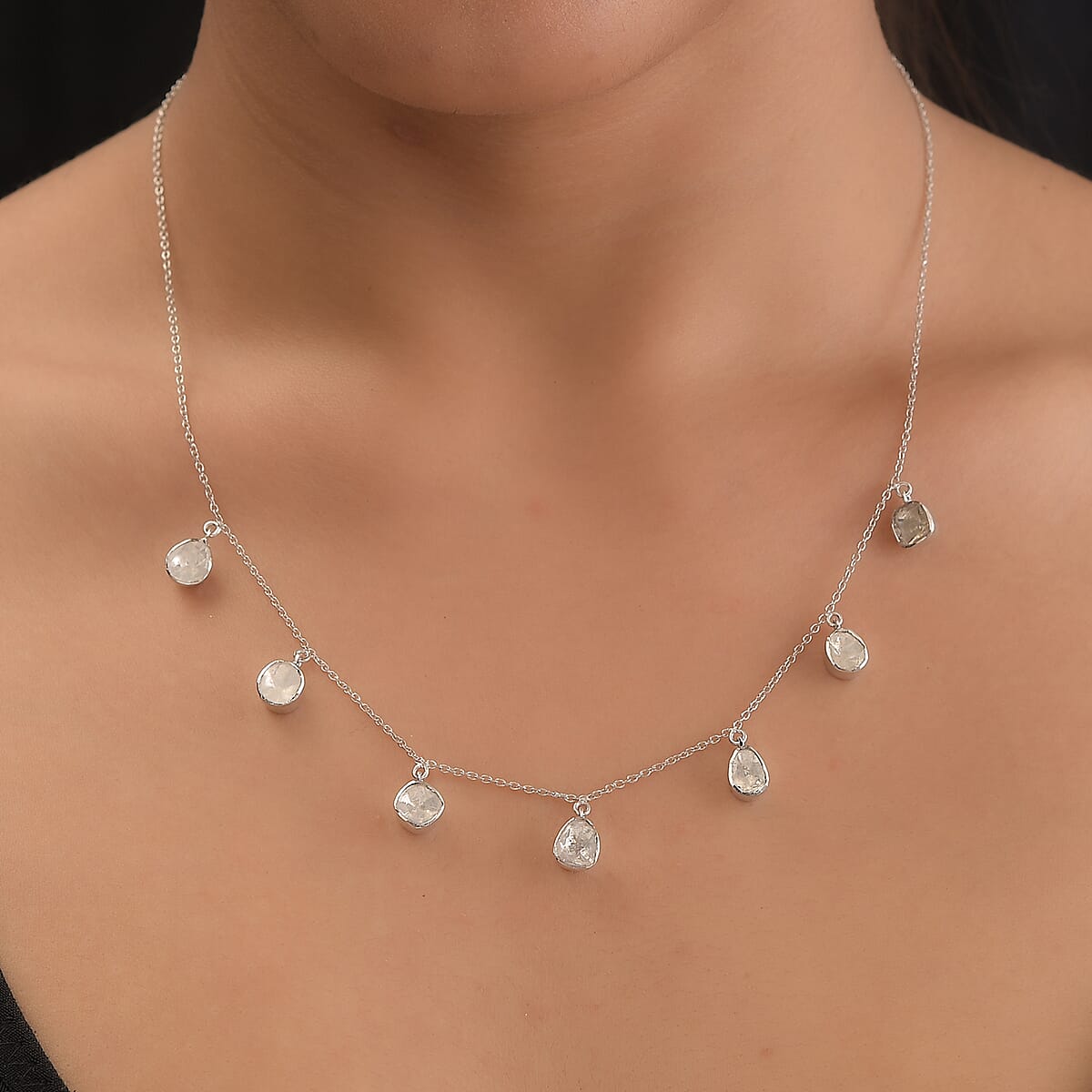 Polki Diamond Station Necklace 18 Inches in Platinum Over Sterling Silver 1.50 ctw image number 2