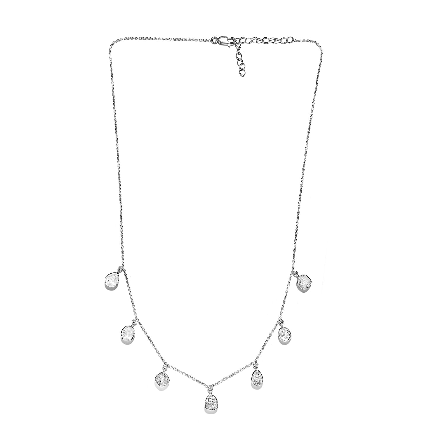 Polki Diamond Station Necklace 18 Inches in Platinum Over Sterling Silver 1.50 ctw