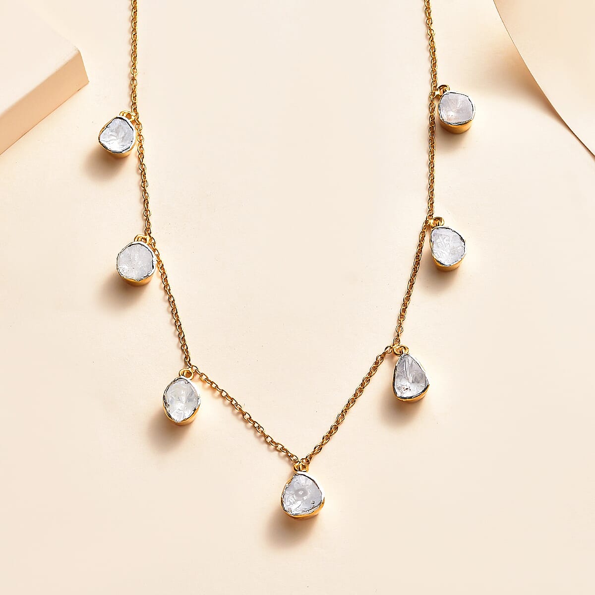 Polki Diamond Station Necklace 18 Inches in Vermeil Yellow Gold Over Sterling Silver 1.50 ctw image number 1