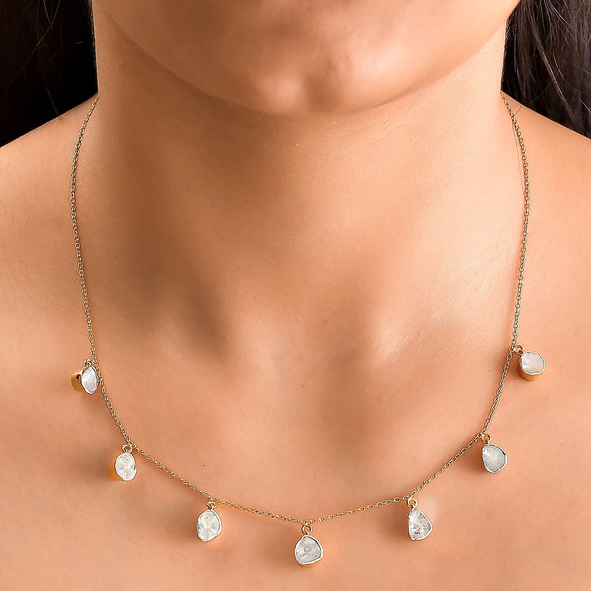 Polki Diamond Station Necklace 18 Inches in Vermeil Yellow Gold Over Sterling Silver 1.50 ctw image number 2