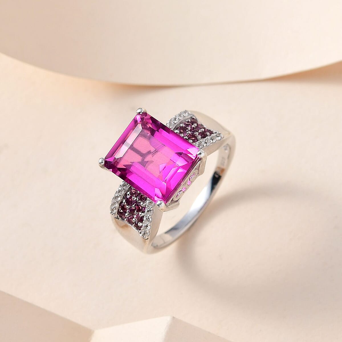 Radiant Orchid Quartz and Multi Gemstone Ring in Platinum Over Sterling Silver 6.35 ctw (Delivered in 3-5 Business Days) image number 1