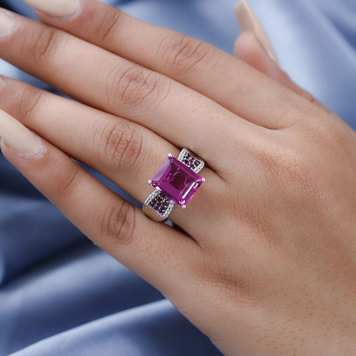 Radiant Orchid Quartz and Multi Gemstone Ring in Platinum Over Sterling Silver 6.35 ctw (Delivered in 3-5 Business Days) image number 2
