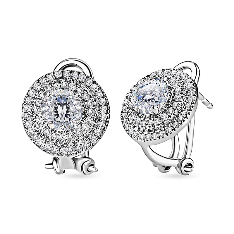 120 Facets Moissanite Earrings, Omega Clip Earrings, Platinum Over Sterling Silver Earrings, Double Halo Earrings, Moissanite Jewelry For Her, Gifts For Her 2.10 ctw