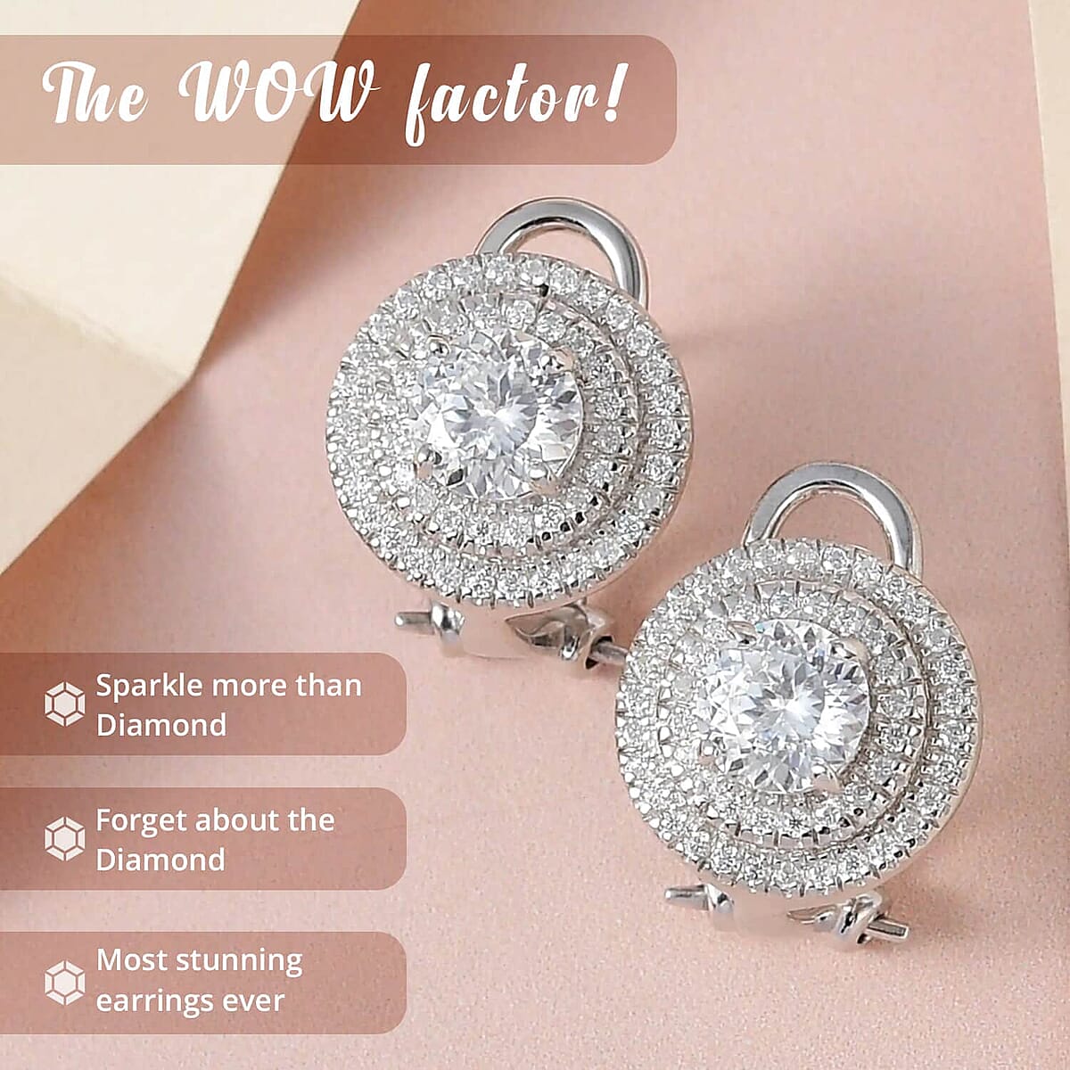 120 Facets Moissanite Omega Clip Earrings in Platinum Over Sterling Silver 2.10 ctw image number 2