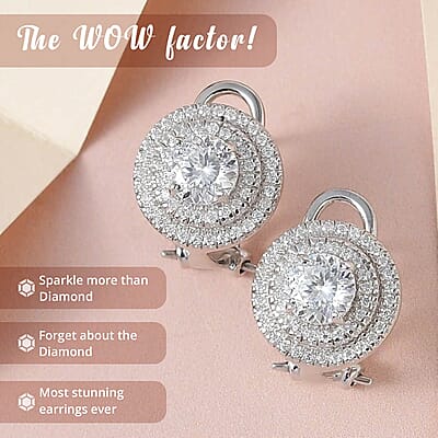 120 Facets Moissanite Earrings, Omega Clip Earrings, Platinum Over Sterling Silver Earrings, Double Halo Earrings, Moissanite Jewelry For Her, Gifts For Her 2.10 ctw