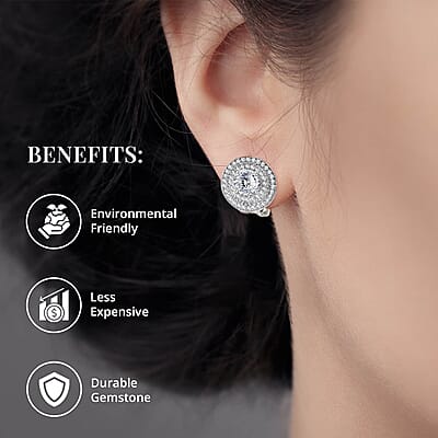 120 Facets Moissanite Earrings, Omega Clip Earrings, Platinum Over Sterling Silver Earrings, Double Halo Earrings, Moissanite Jewelry For Her, Gifts For Her 2.10 ctw