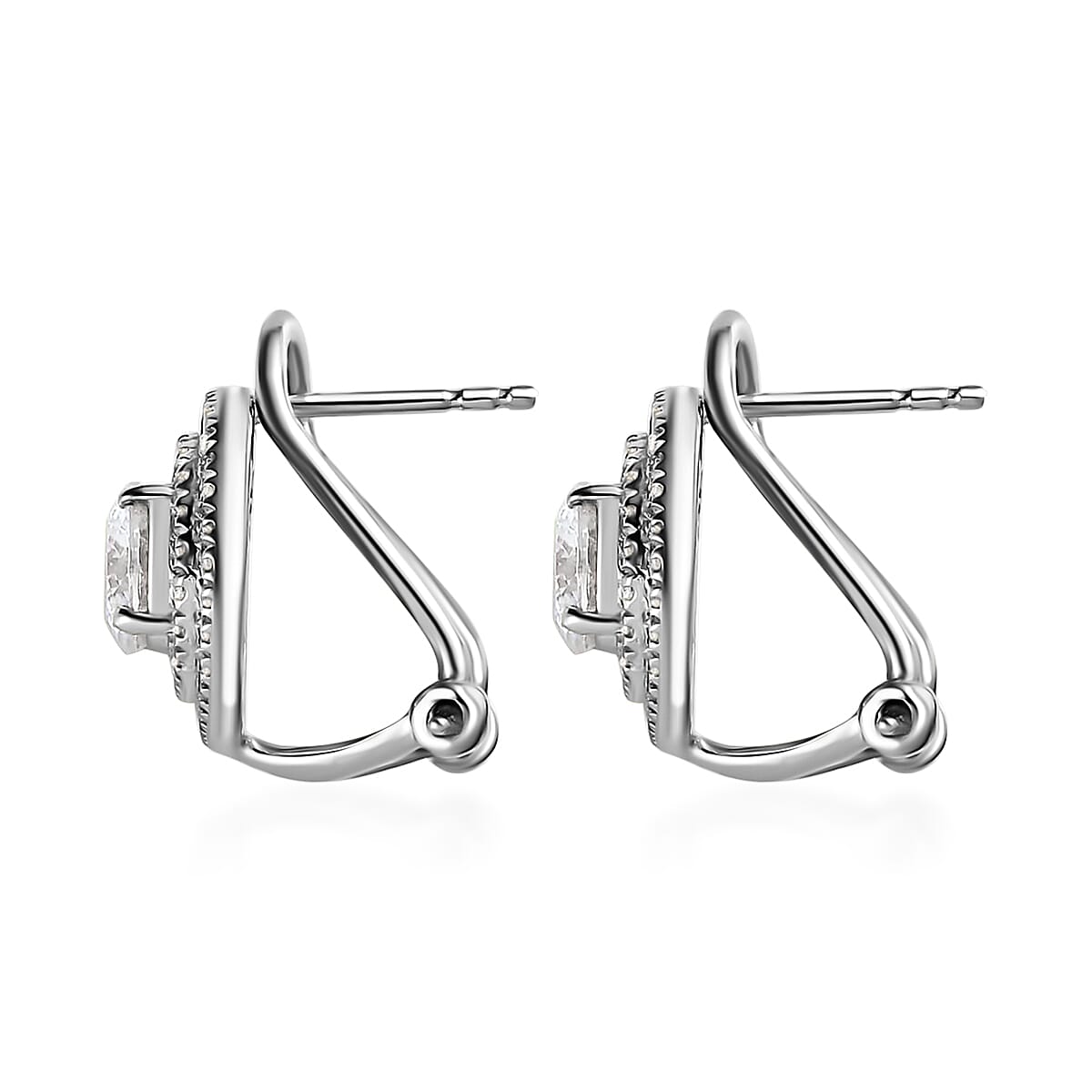 120 Facets Moissanite Earrings, Omega Clip Earrings, Platinum Over Sterling Silver Earrings, Double Halo Earrings, Moissanite Jewelry For Her, Gifts For Her 2.10 ctw