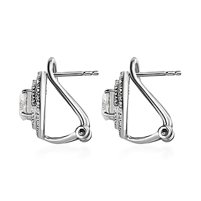 120 Facets Moissanite Earrings, Omega Clip Earrings, Platinum Over Sterling Silver Earrings, Double Halo Earrings, Moissanite Jewelry For Her, Gifts For Her 2.10 ctw