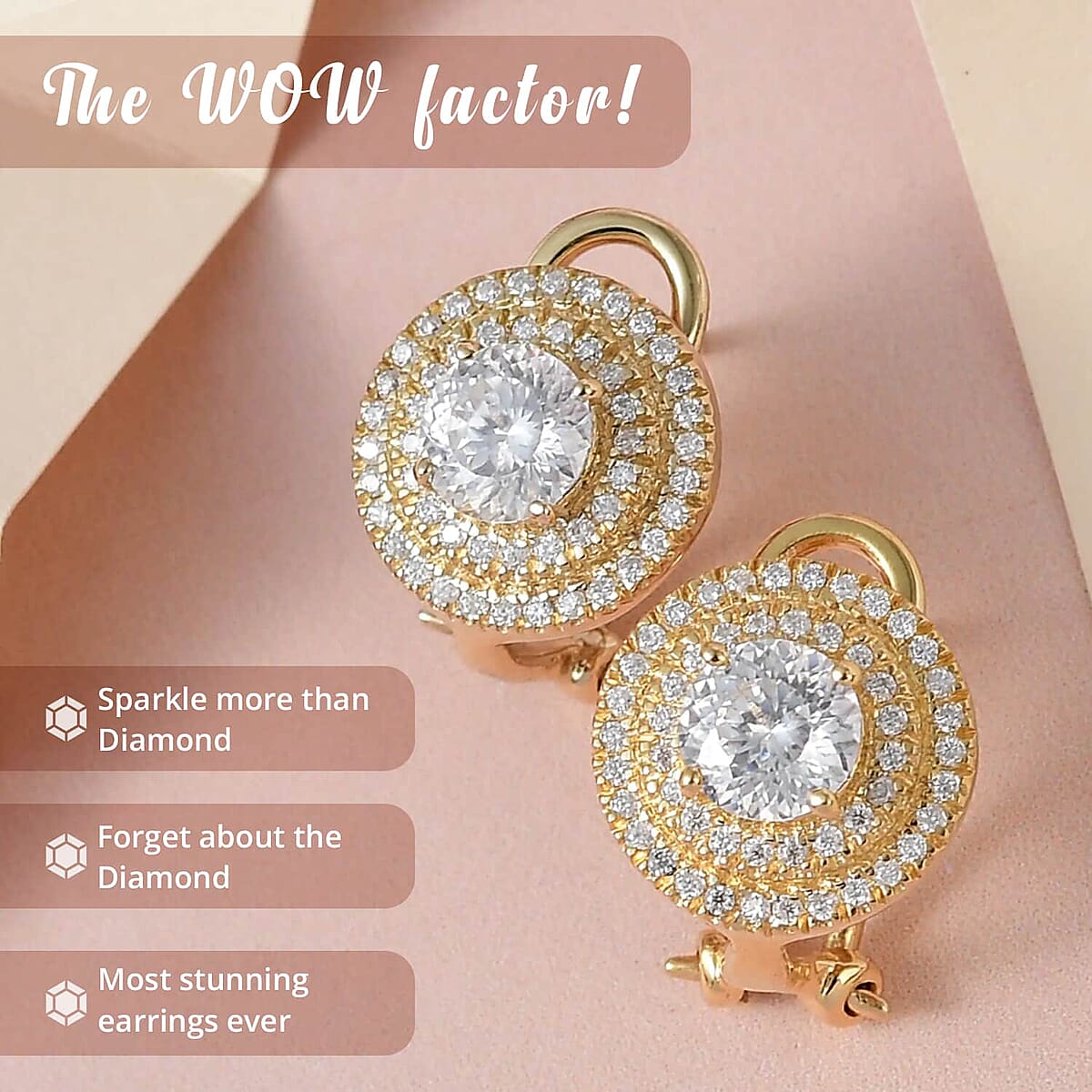 120 Facets Moissanite Earrings, Omega Clip Earrings, Vermeil Yellow Gold Over Sterling Silver Earrings, Double Halo Earrings, Moissanite Jewelry For Her, Gifts For Her 2.10 ctw image number 2